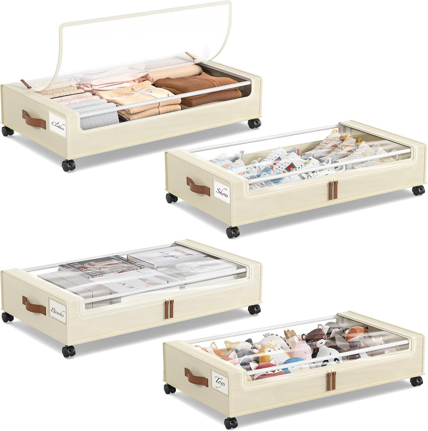Yecaye Under Bed Storage with Wheels, 2 Pack Under Bed Storage Containers, 60L Underbed Shoe Storage with Clear Window & Label, Rolling Under Bed Metal Drawer for Clothes, Shoes, Books, Blankets