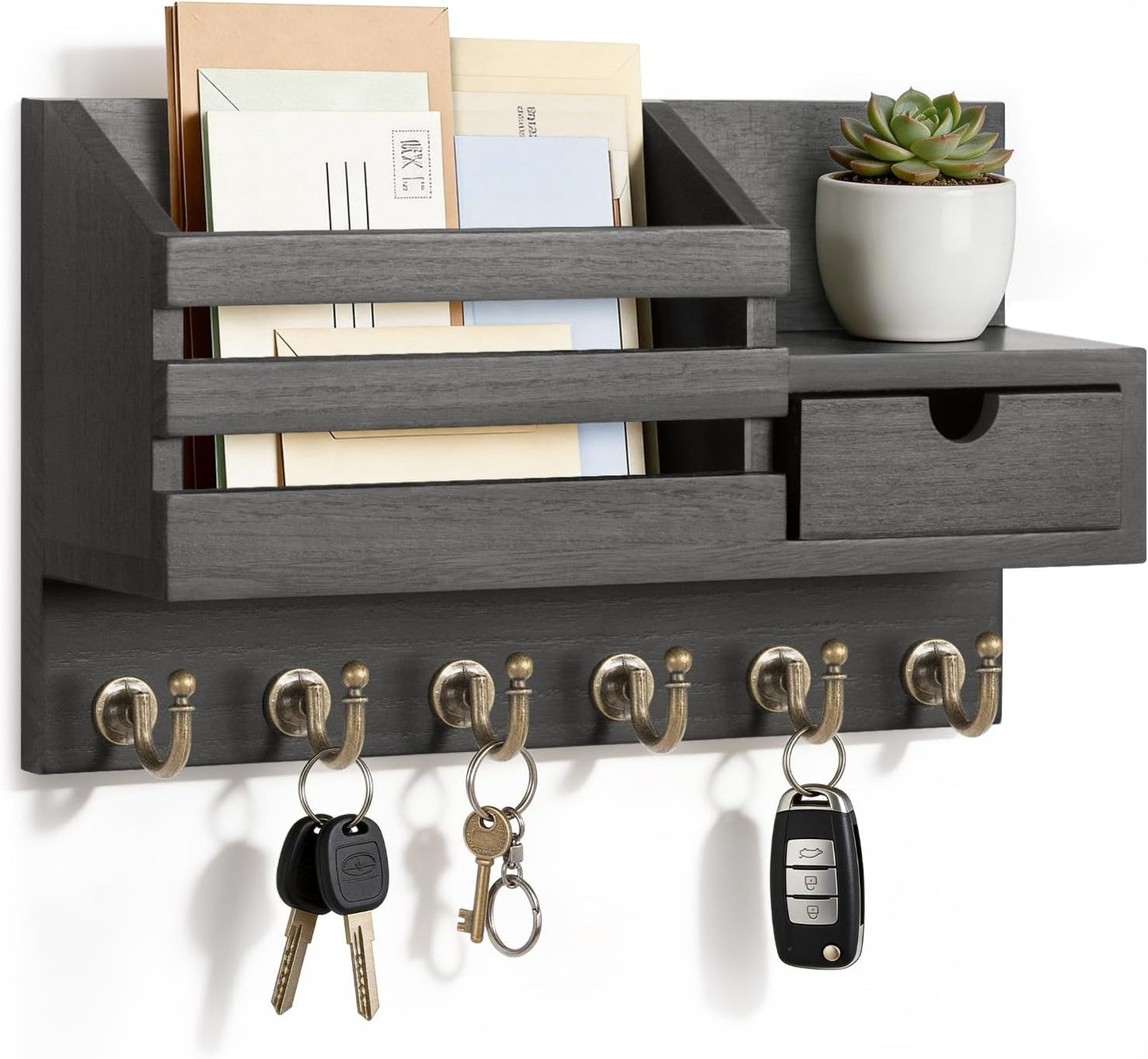 FifthQuarter Key Holder Wall Mount: Key and Mail Holder for Wall with 6 Hooks and Storage Drawer, Easy Installation Key Rack for Entryway Home Decor (A-White)