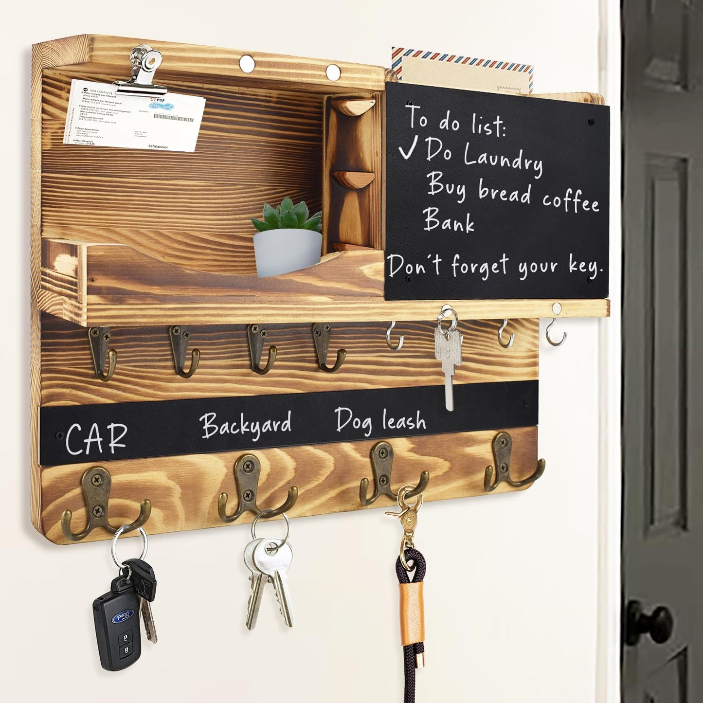 Key Holder for Wall Mount with Shelf and Mail Organizer, Key and Mail Holder with 16 Hooks, Farmhouse Entryway Organizer, Home Decor Rack (Pine Wood, Black)