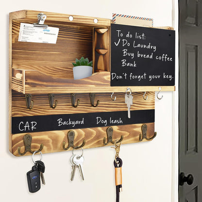 Key Holder for Wall Mount with Shelf and Mail Organizer, Key and Mail Holder with 16 Hooks, Farmhouse Entryway Organizer, Home Decor Rack (Pine Wood, Black)