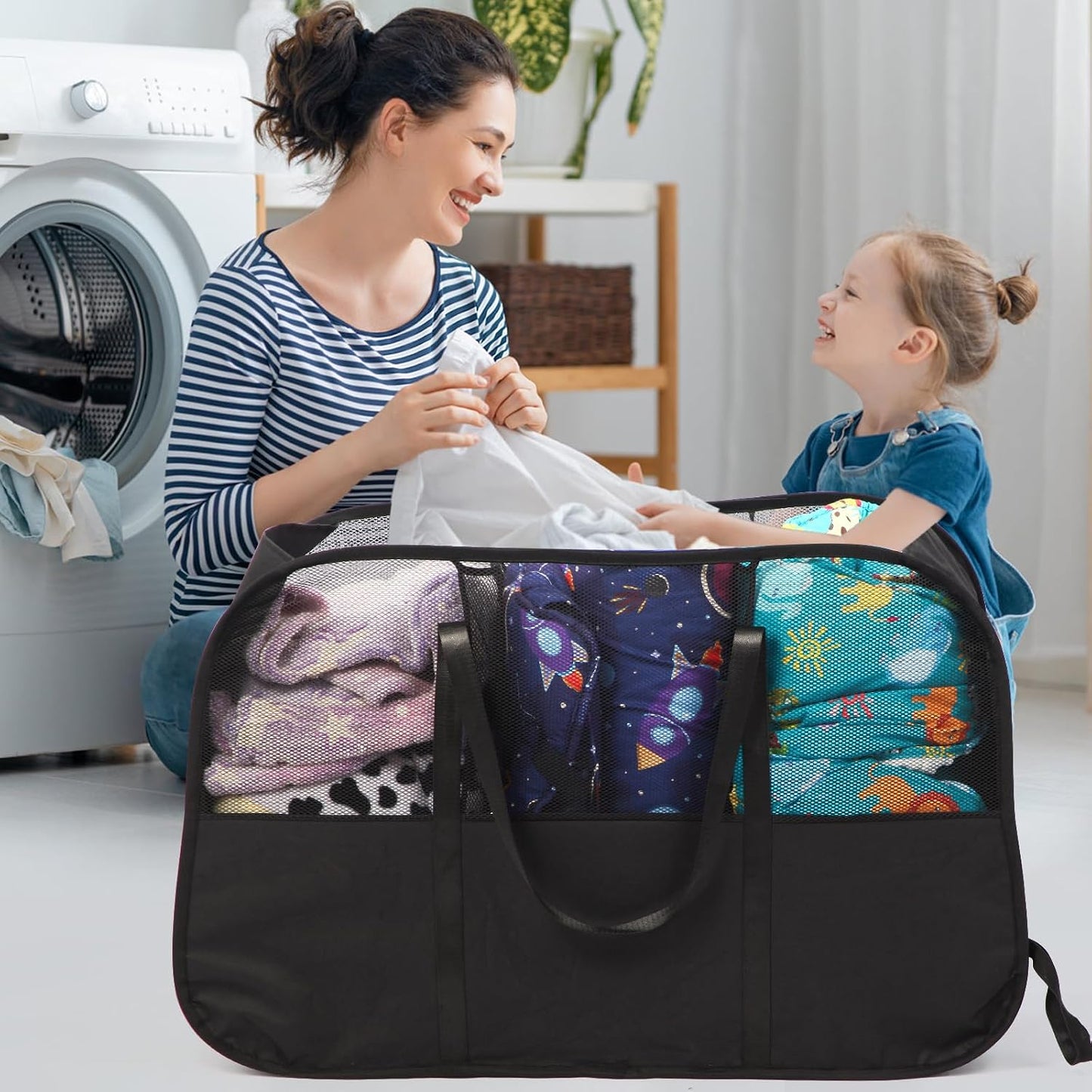 Collapsible Laundry Baskets with 3 Compartment, 150L Tear-proof Pop Up Hamper, Foldable Laundry Basket with Tote Handles, Dirty Clothes Hamper for Laundry, Bedroom, Bathroom, Dorm Grey