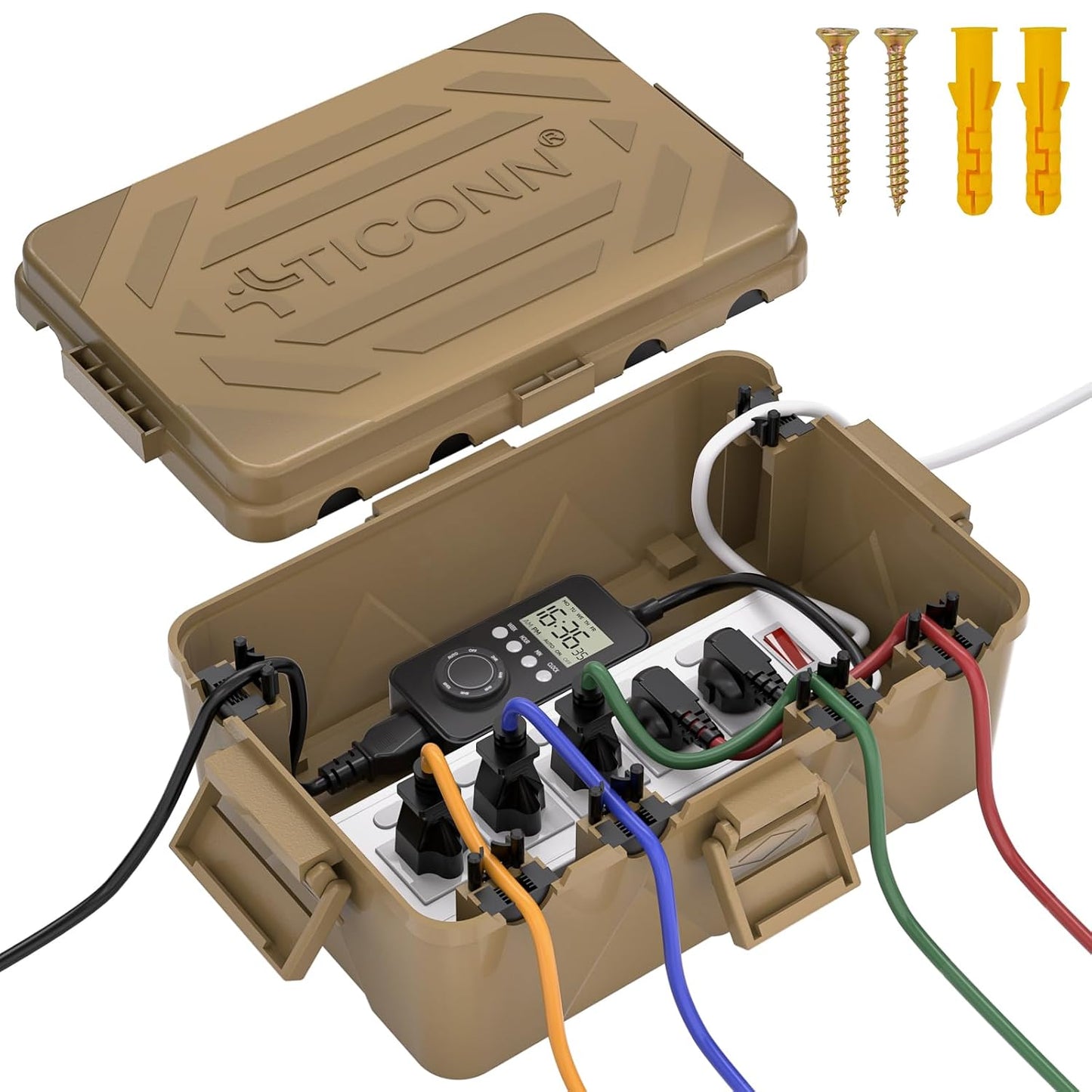 TICONN Outdoor Electrical Box, IP54 Splash-Proof Outdoor Extension Cord Cover, Protects Power Strip, Plug, Socket, Timer, Holiday Lights (Black, Small)