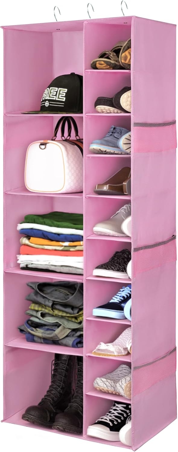 Libeder Shoe Organizer for Closet, 15 Shelf Hanging Closet Storage Shelves - 10 Shoe Rack Organizer and 5 Compartment for Clothes with 6 Side Mesh Pockets for Scarves Socks,Gloves, Grey