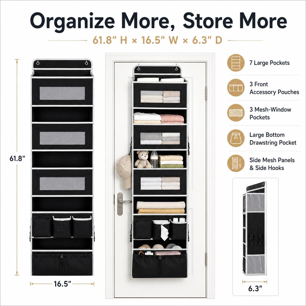 1 Pack Over The Door Organizer Storage, Hanging Organizer Closet with 5 Large Pockets 6 Mesh Pockets, 50 lbs Weight Capacity, Behind Door Storage for Closet Nursery Bedroom Bathroom (Black)