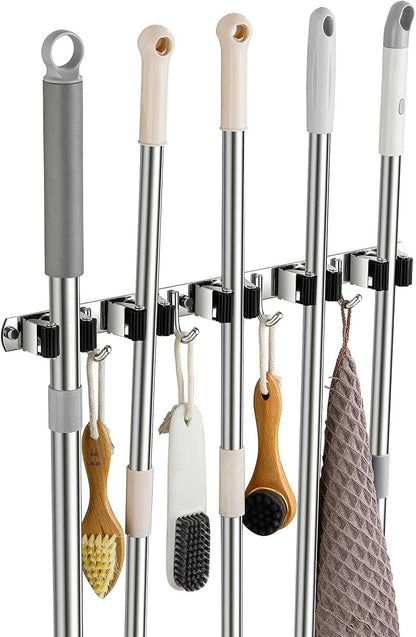 Broom Holder Wall Mount, Stainless Steel Broom Hanger Wall Mount, Heavy Duty Mop and Broom Holder Tool Racks Utility Hooks for Laundry Room Garden Garage, Black (4 Racks and 5 Hooks)