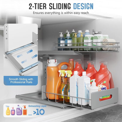 Under Sink Organizer Upgrade To Professional Rails,2-Tier Dual Pull Out Cabinet Storage,Height Adjustable Slide Out Drawers For Bathroom Kitchen,2 Pack-14.5" Dx12.8-16.9" H,White