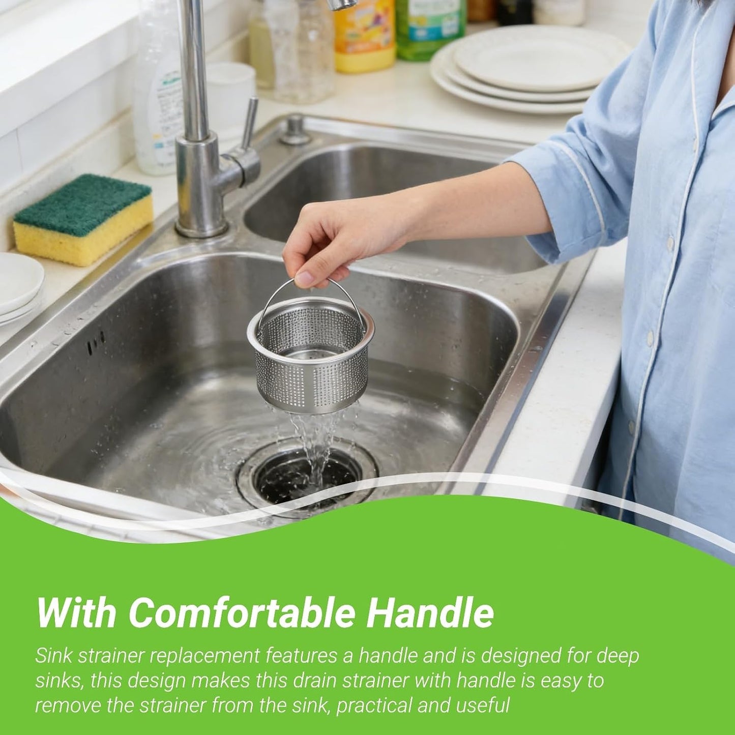 2 Pack Sink Strainer Basket, Stainless Steel Sink Drain with Handle Kitchen Drain Basket 3in Outer Diameter Kitchen Utensils for Restaurant Home