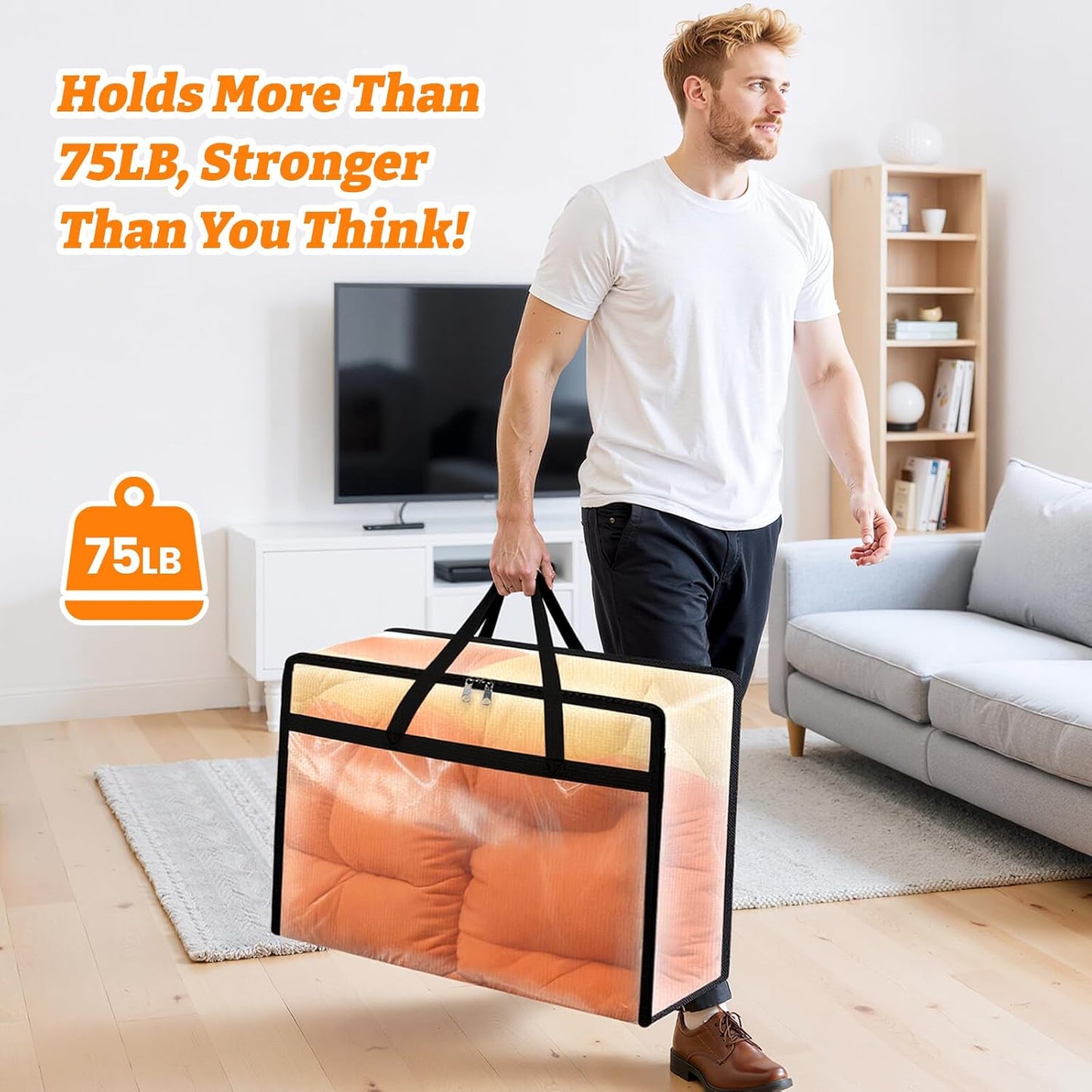 BlissTotes 4 Pack Clear Clothes Storage Bags, Moving Bags, Foldable Blanket Storage Under Bed Storage Containers with Sturdy Zipper and Handle for Clothing, Comforter, Bedding, Sheet (40L)