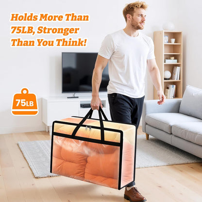 BlissTotes 4 Pack Clear Clothes Storage Bags, Moving Bags, Foldable Blanket Storage Under Bed Storage Containers with Sturdy Zipper and Handle for Clothing, Comforter, Bedding, Sheet (40L)
