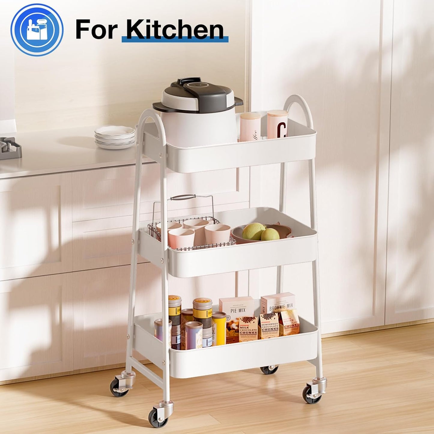DUMOS 3 Tiers Rolling Cart, Utility Cart, Metal, White | Mobile Storage, Lockable Wheels, Utility Shelving Unit, Kitchen, Bathroom, Laundry, Narrow Places