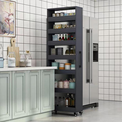 Slim Storage Cart,7 Tier Standing-Shelf with Wheels,Narrow Pantry Organizer for Small Spaces, Mobile Gap Storage Shelf for Kitchen, Laundry Room, Bathroom