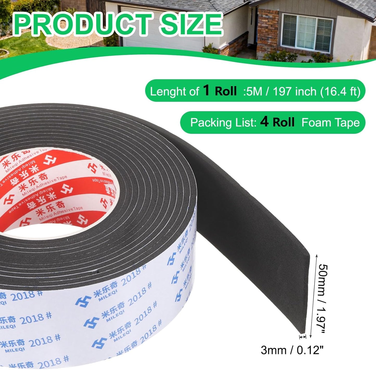 PATIKIL Sponge Rubber Foam Tape, 5/8" W x 1/8" t x 16.4ft l Self-Adhesive Foam Insulation Tape Weather Stripping for Window Door Soundproofing Weatherstrip AC Seal Strip, Black