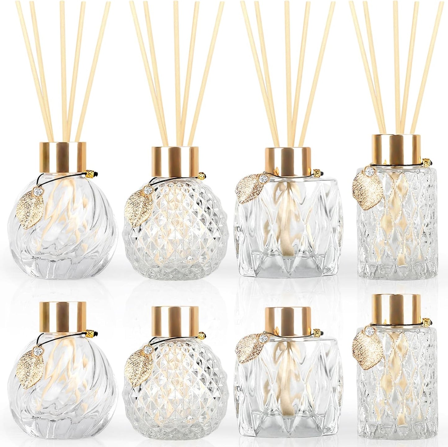 4-Piece Reed Diffuser Set with Metal Golden Decoration, 3.5-4.2oz Empty Bottles and 20 Reed Sticks, Unique Design for Home and Office (4 Different Bottles)