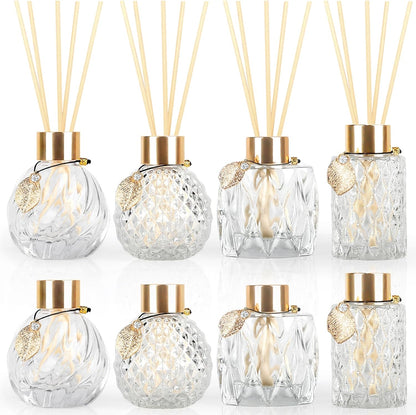 4-Piece Reed Diffuser Set with Metal Golden Decoration, 3.5-4.2oz Empty Bottles and 20 Reed Sticks, Unique Design for Home and Office (4 Different Bottles)