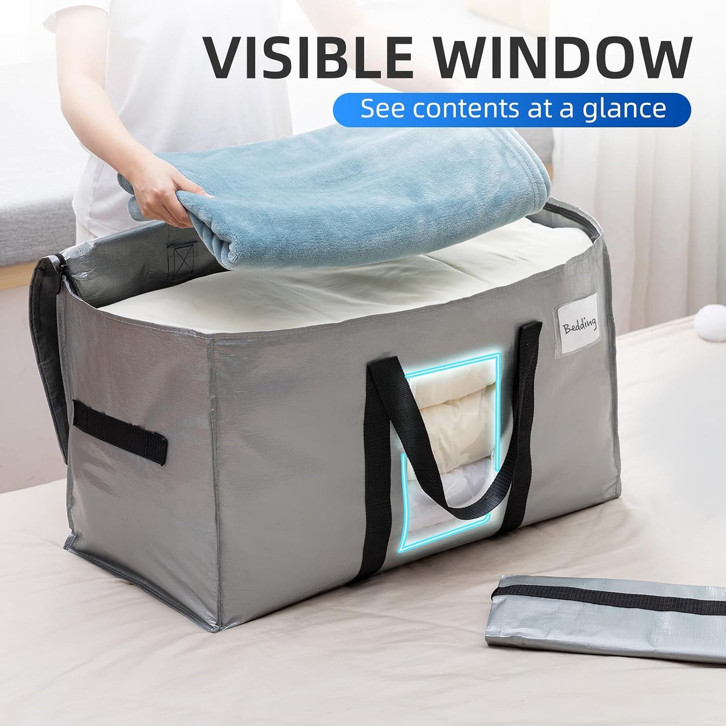 TAILI Extra Large Moving Bags, 4 Pack Blue Heavy Duty Totes For Storage with Visible Window, Wrap Around Handles, Storage Bags for Space Saving, Alternative to Moving Boxes