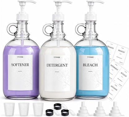 2 Pcs Glass Liquid Laundry Detergent Dispenser, Half Gallon Laundry Soap Dispenser for Laundry Room (64 oz. Each), Laundry Detergent Bottles with Pump Dispenser -Includes Labels, Funnel, Measuring Cup