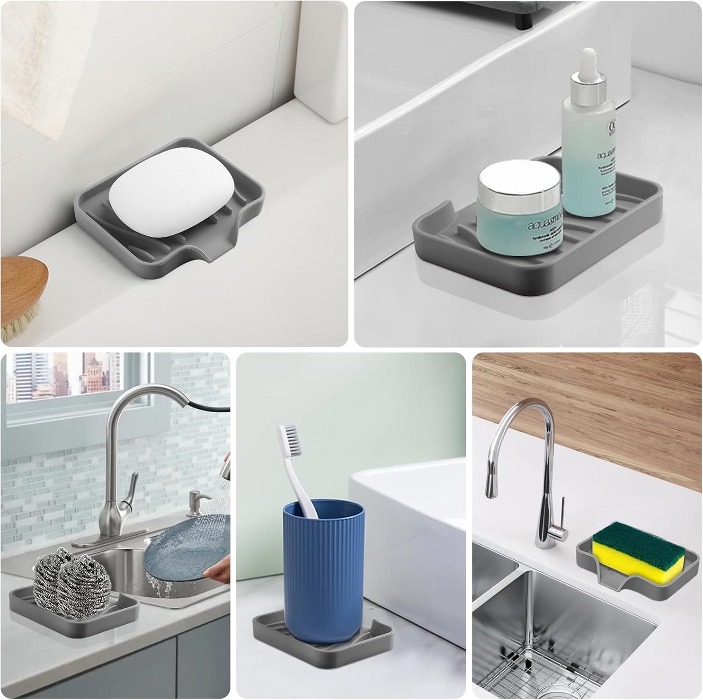 Silicone Soap Dish with Drain, SAISN Kitchen Soap Tray for Shower 2 Pack Self Draining Soap Dish Soft Bathroom Soap Holder for Kitchen Sink Flexible Portable Soap Saver, White