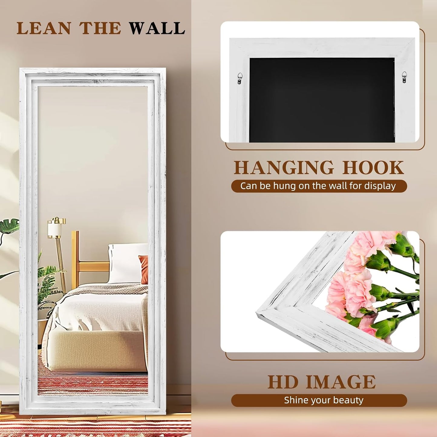 Full Length Mirror 65"x22" with Stand Solid Wood Frame Floor Large Mirror for Living Room, Bedroom Hanging Standing or Leaning Wall-Mounted, New Black