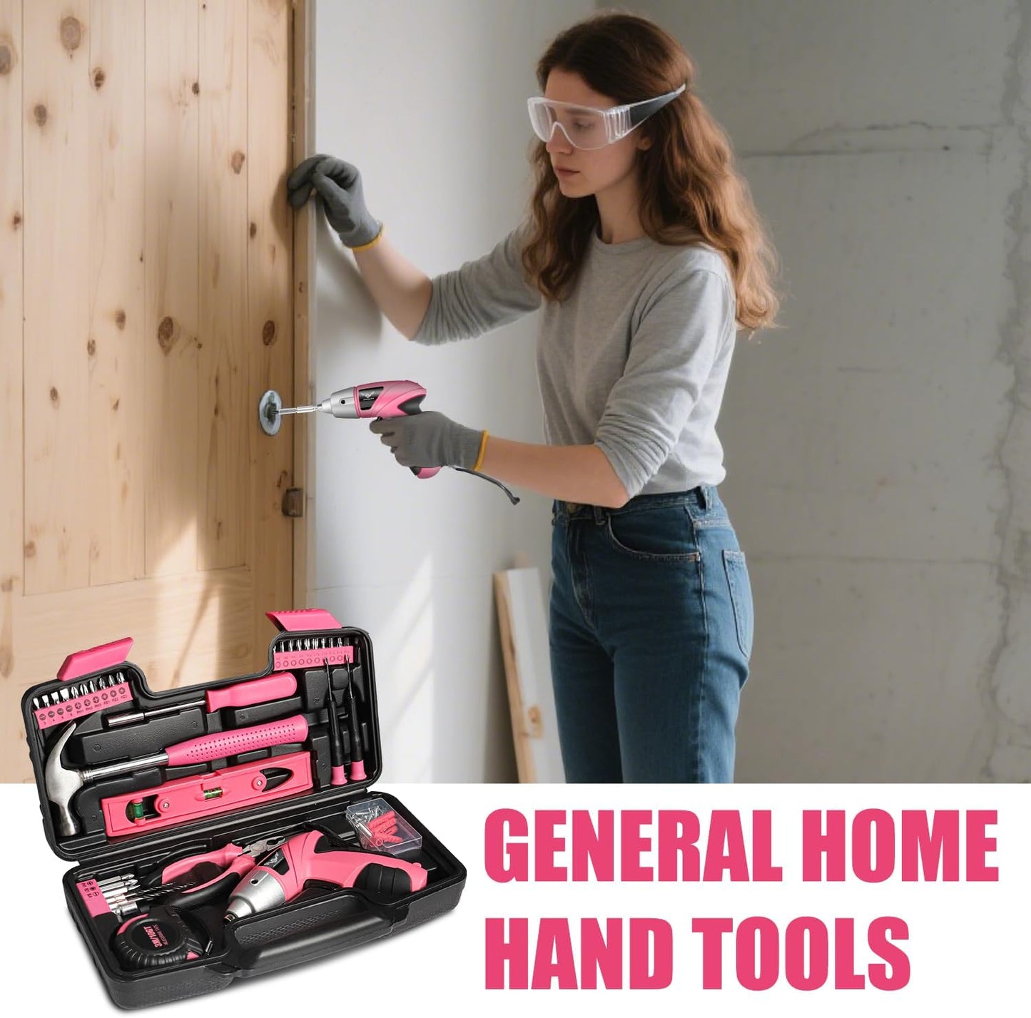 JENABOM Pink 3.6V USB Cordless Electric Screwdriver & Household Tool Kit | Power Screwdriver and Hand Tools in a Compact Box Case for Small Repair and Maintenance- Ideal Housewarming Gift, 112Pcs