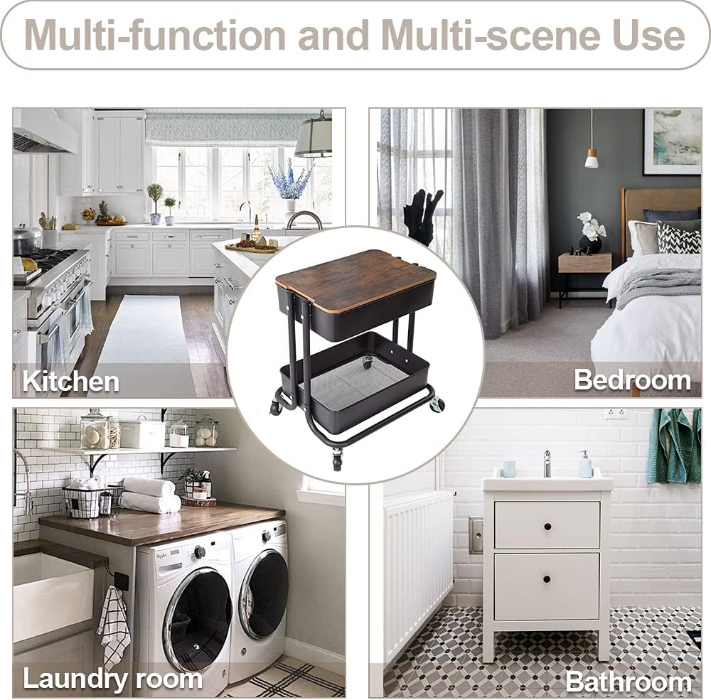 2-Tier Utility Rolling Cart Storage Sofa Side Table with Wheels, Mobile Trolley Organizer with for Office Home Kitchen Organization, Cream White