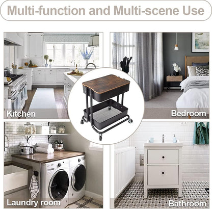 2-Tier Utility Rolling Cart Storage Sofa Side Table with Wheels, Mobile Trolley Organizer with for Office Home Kitchen Organization, Cream White
