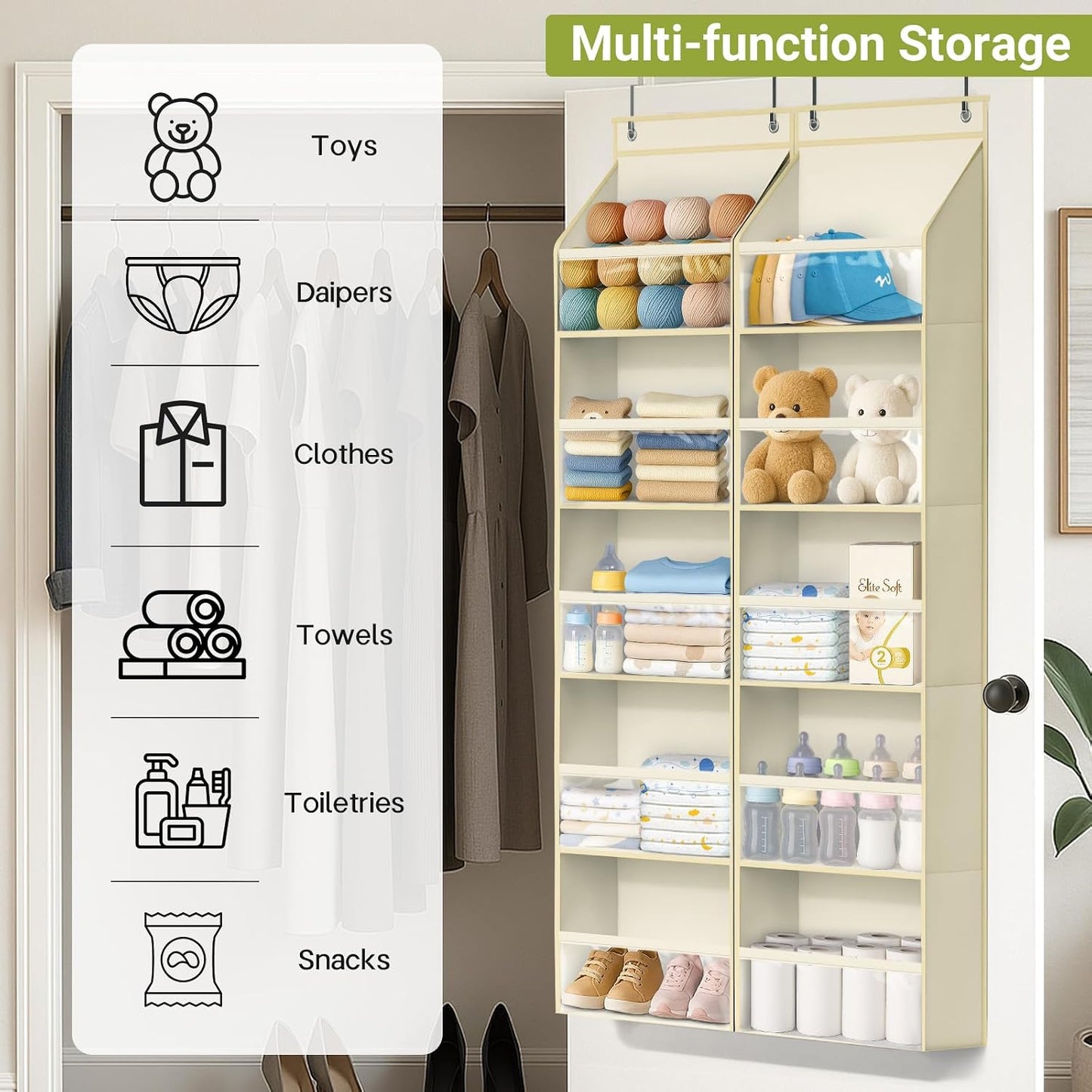 AOODA 2 Pack Over the Door Organizer, Large Capacity Closet Door Hanging Organizer, Clear Deep Pockets Baby Organizer Storage for Nursery, Bathroom, Bedroom, Pantry, Diapers (Grey)