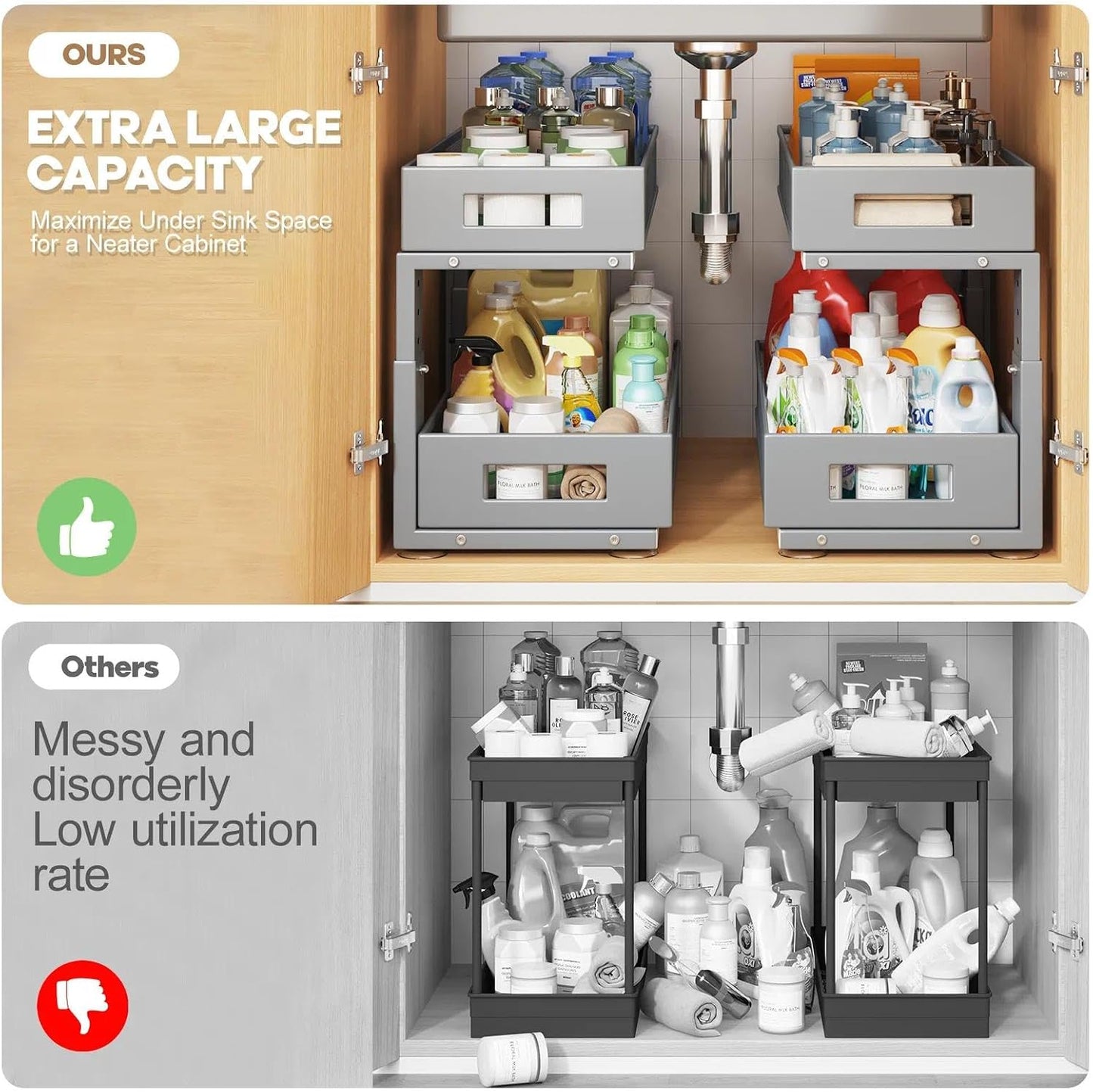 Under Sink Organizer, 2-Tier Dual Pull Out Cabinet Organizer Drawers With Smooth Circular Rail, Large Capacity Metal Mesh Sliding Shelves For Bathroom& Kitchen Storage,Height Adjustable–White,2 Packs