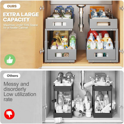 Under Sink Organizer, 2-Tier Dual Pull Out Cabinet Organizer Drawers With Smooth Circular Rail, Large Capacity Metal Mesh Sliding Shelves For Bathroom& Kitchen Storage,Height Adjustable–White,2 Packs