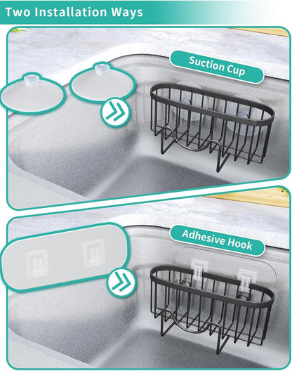 HapiRm Multifunctional Sponge Holder with Unique M-Shaped, 2 Installation Methods Kitchen Sink Caddy Organizer, Rustproof Stainless Steel Kitchen Organizers and Storage Essentials - Black