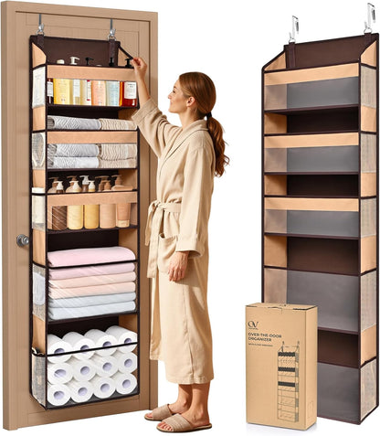 5 Tiers Over the Door Organizer with 10 Mesh Side Pockets, 44 lbs Weight Capacity Closet Hanging Storage Organizer with Large Clear Window Kids Toys, Shoes, Diapers, Beige