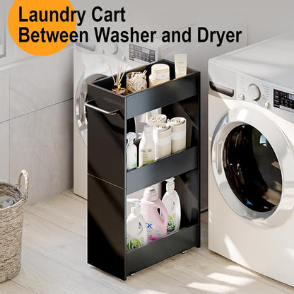 MARTY Wood Rolling Storage Cart 7.9" W, 3 Tier White Slim Utility Kitchen Cart on Wheels Laundry Room Bathroom Organizers Narrow Shelves with Handle Mobile Shelving Unit for Small Places