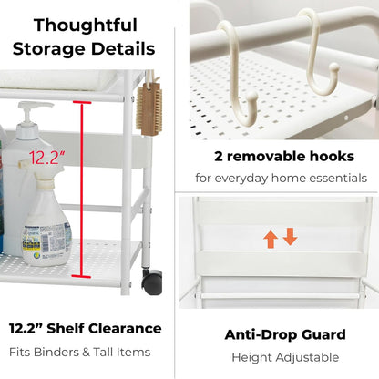 2-Tier Metal Rolling Cart, Compact Under Desk Storage Organizer | 12.2" clearance fits binders & tall bottles; anti-drop safety guard; small space mobile shelf for home, bedroom & office.
