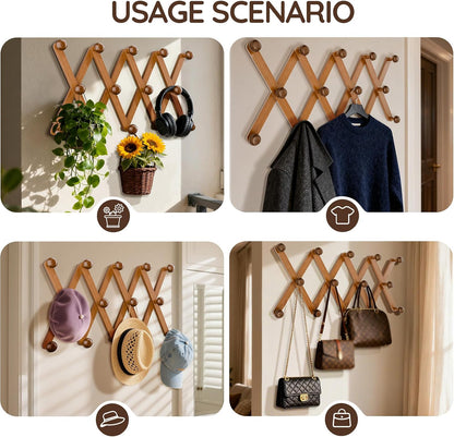 WGFKVAS 2 Pack Accordion Hat Rack for Wall - Expandable Coat Rack & Wall Mounted Hat Holder - Wooden Wall Hanger with 10 Peg Hooks for Coats, Baseball Caps, Keys & Mugs
