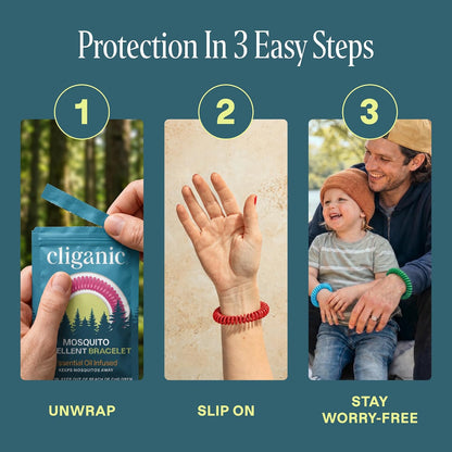 Cliganic 10 Pack Mosquito Repellent Bracelets for Adults & Kids - Natural DEET-Free Bands, Individually Wrapped