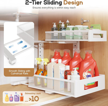 2-Pack Under Sink Storage Organizer, Large 2-Tier Elegant Mesh Pull Out Shelf for Kitchen and Bathroom Cabinet Organization, L-Shaped and Adjustable Height Design,Patent Pending-Black