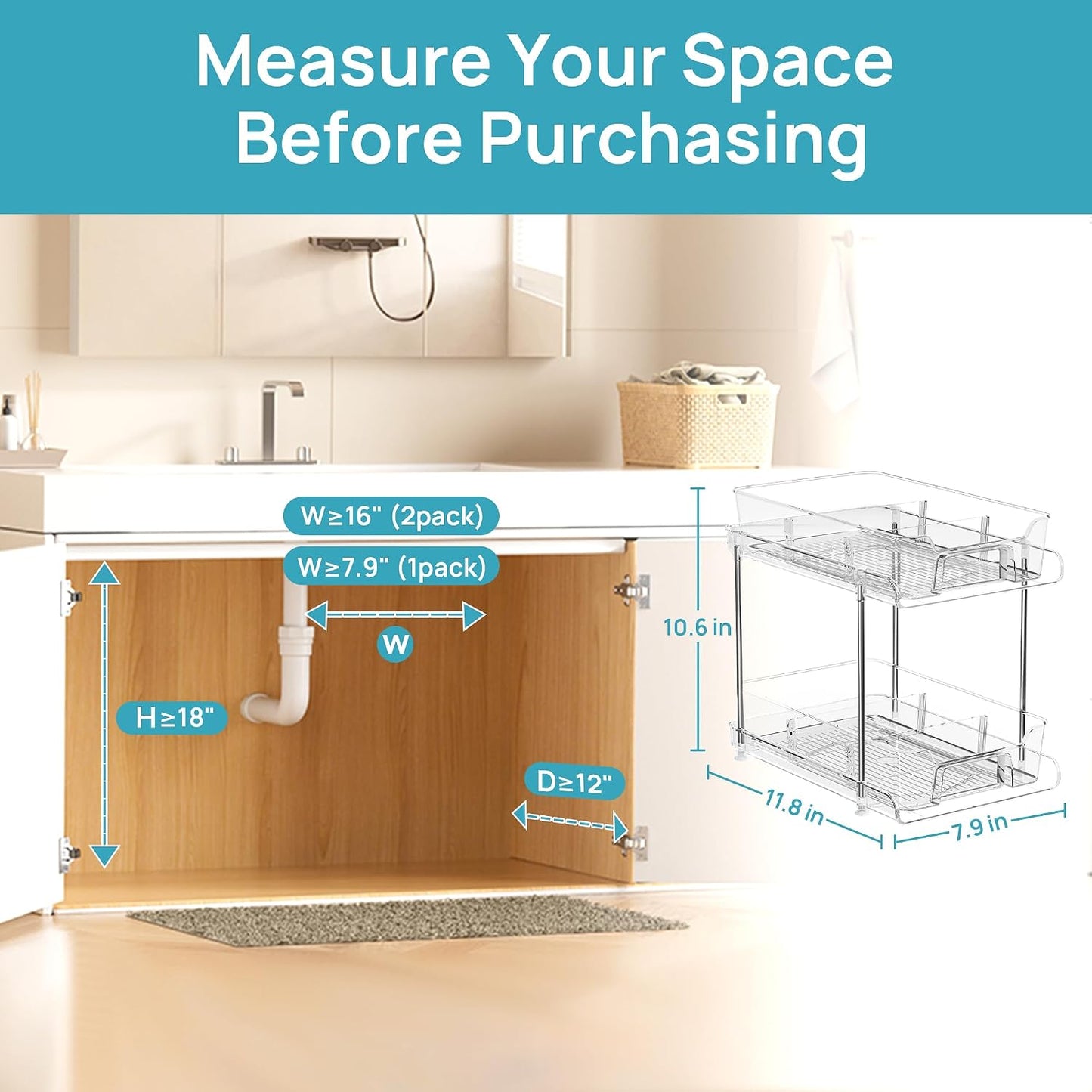 Vtopmart 2 Tier Bathroom Storage Organizer, 2 Pack Clear Under Sink Organizers Vanity Counter Container, Cabinet Drawers Bins, Pull-Out Organization with Track for Pantry, Kitchen