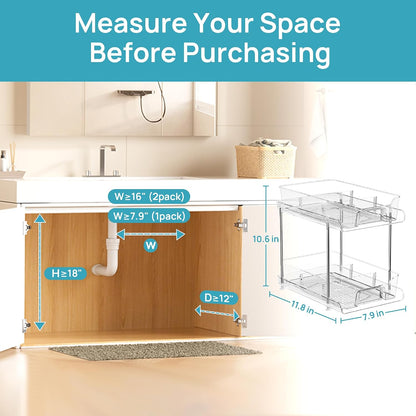 Vtopmart 2 Tier Bathroom Storage Organizer, 2 Pack Clear Under Sink Organizers Vanity Counter Container, Cabinet Drawers Bins, Pull-Out Organization with Track for Pantry, Kitchen
