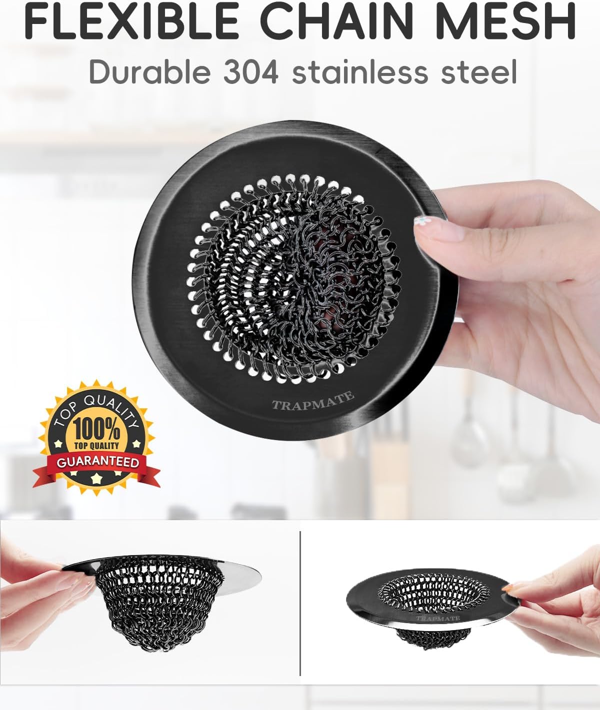 Reversible Kitchen Sink Drain Strainer Basket for Sink & Garbage Disposal | Easy Clean, Anti-Clogging, Fast Drainage, Anti-Slip, Anti-Rust, 304 Stainless Steel, Large Capacity, 4.4",Patented Chain Mesh