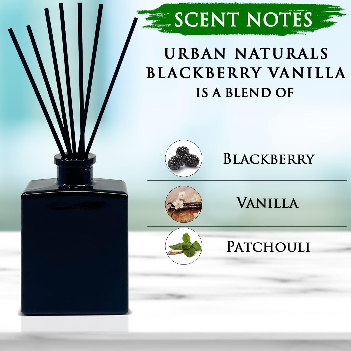 Urban Naturals Smoked Vanilla Reed Diffuser Set with Vanilla Bean, Sandalwood & Leather – 5 Ounce Sleek Black Rectangular Refillable Glass Bottle – Made in the USA