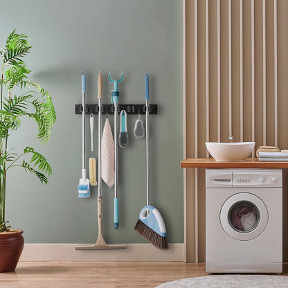 OUTNILI Mop and Broom Holder Wall Mount - Wood Broom Mop Hanger - Wall Mounted Garden Tool Rack Organizer for Closet Garage Laundry Room for Rustic Kitchen Decor With 5 Slots & 4 Hooks