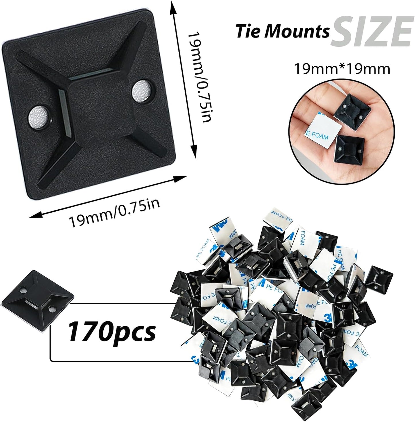 340 Pcs Self Adhesive Cable Zip Tie Mounts Set | 170 Pcs Cable Tie Mounting Base,3/4" | 170 Pcs Zip Ties,8" | White,Cable Clip,Wire Management Clips,Wall Ties Fixing Mount,Wire Holders for Cables