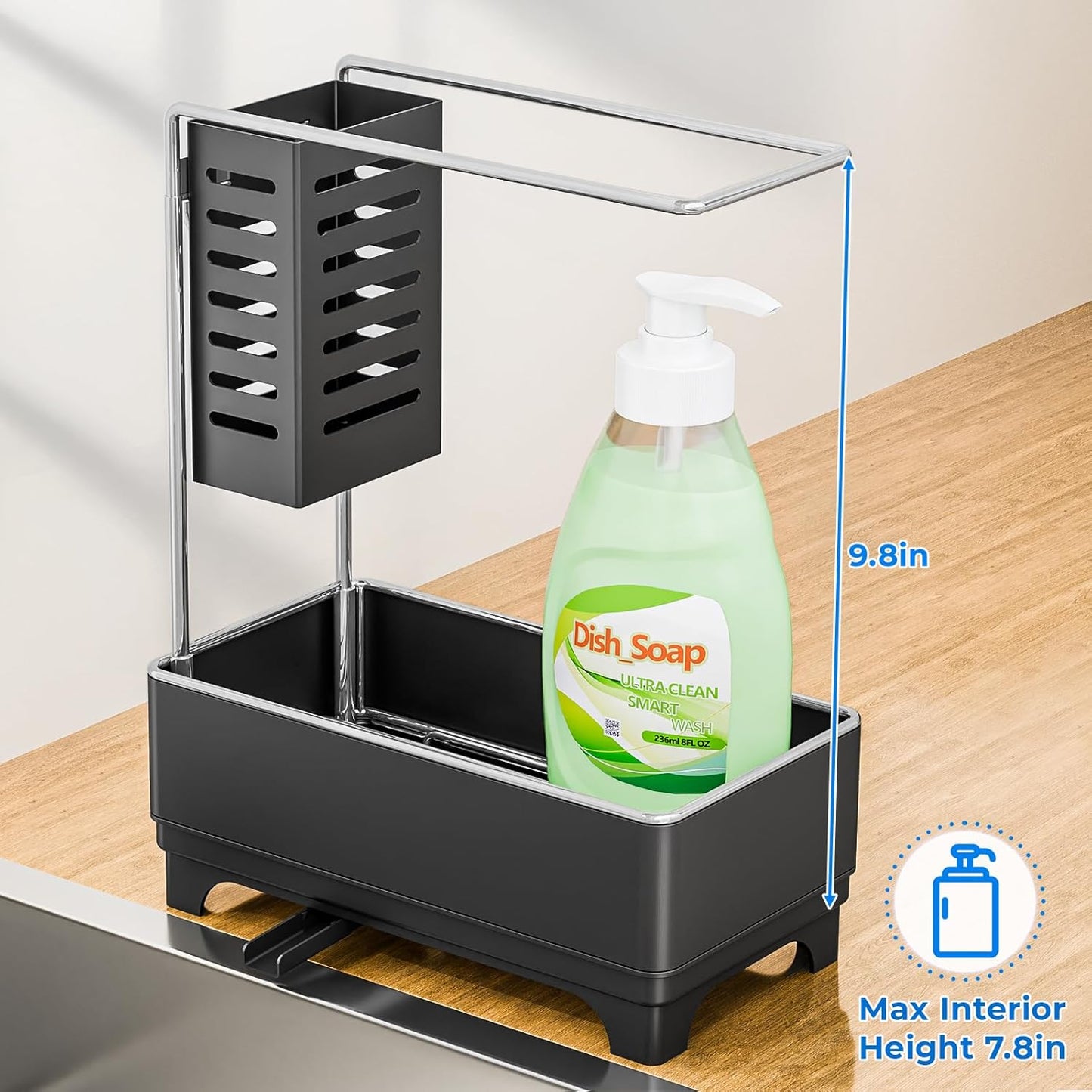 Kitchen Sink Caddy with Stainless Steel Towel Holder, Handy Sponge Holder for Kitchen Sink with Extending Drain Spout, No-Tool Assembly Space Saver for sink Countertop Accessories(Gray)