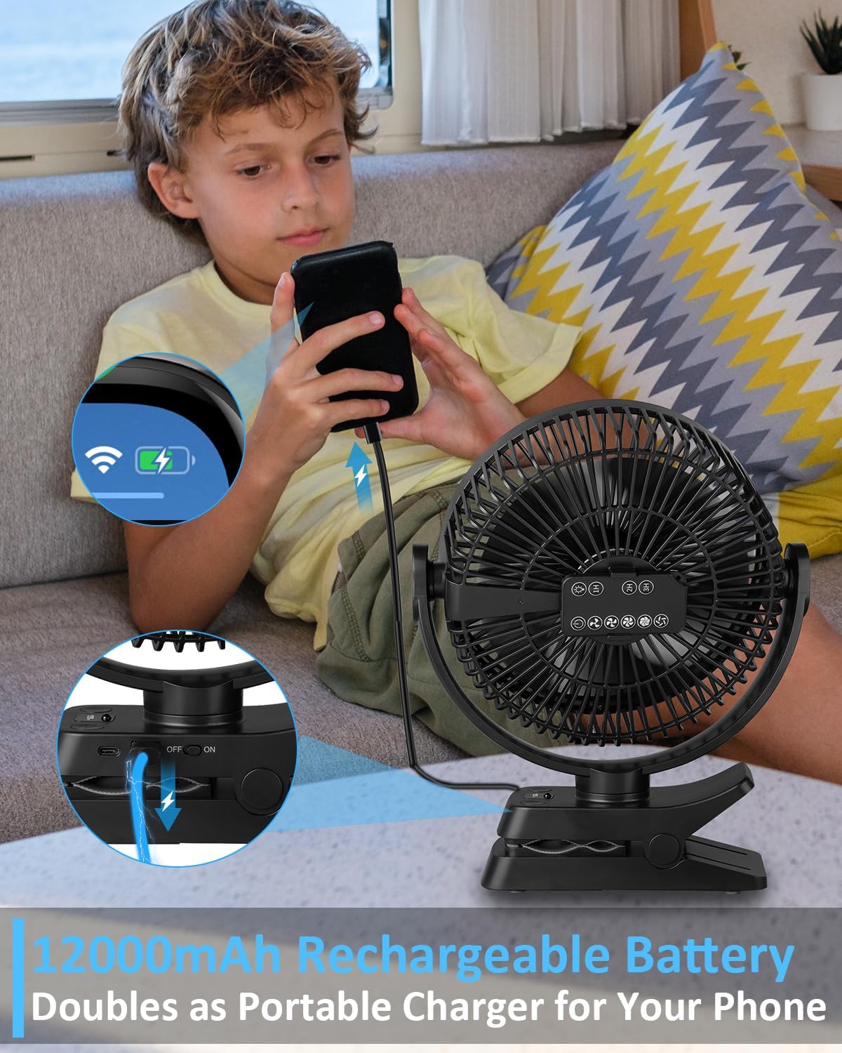 Portable Fan with Remote Control & Timer & LED Lights, 60hrs 12000mAh USB Rechargeable Battery，Clamp/Hanging/Stand Up, Small Clip on Fan for Baby Stroller, Bed, Desk, Camping Tent, Travel