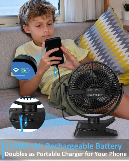 Portable Fan with Remote Control & Timer & LED Lights, 60hrs 12000mAh USB Rechargeable Battery，Clamp/Hanging/Stand Up, Small Clip on Fan for Baby Stroller, Bed, Desk, Camping Tent, Travel