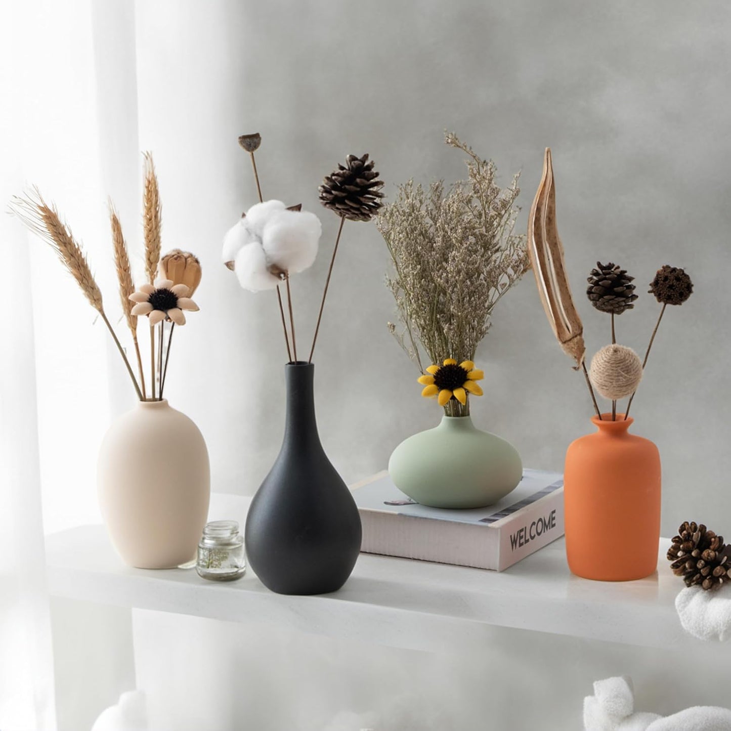 Small Ceramic Matte Vase Set 4 for Modern Home Decor Flower Decoration Office,Bookdesk, Bookshelf, Centerpieces, Tables, Living Room, Dining Table, Bedroom Shelf Entryway Ornament Gift