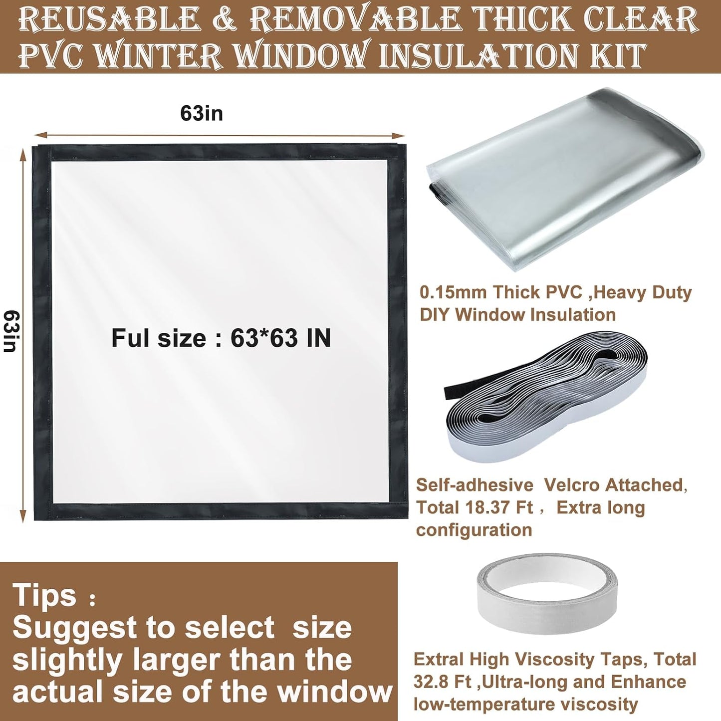 Window Insulation Kit for Winter Adjustable Plastic Insulated Window Cover Sealer Reusable Thermal Thicken Clear Insulation Wrap Transparent Film with Hook and Loop Tape for Winterizing 48'' x 63''