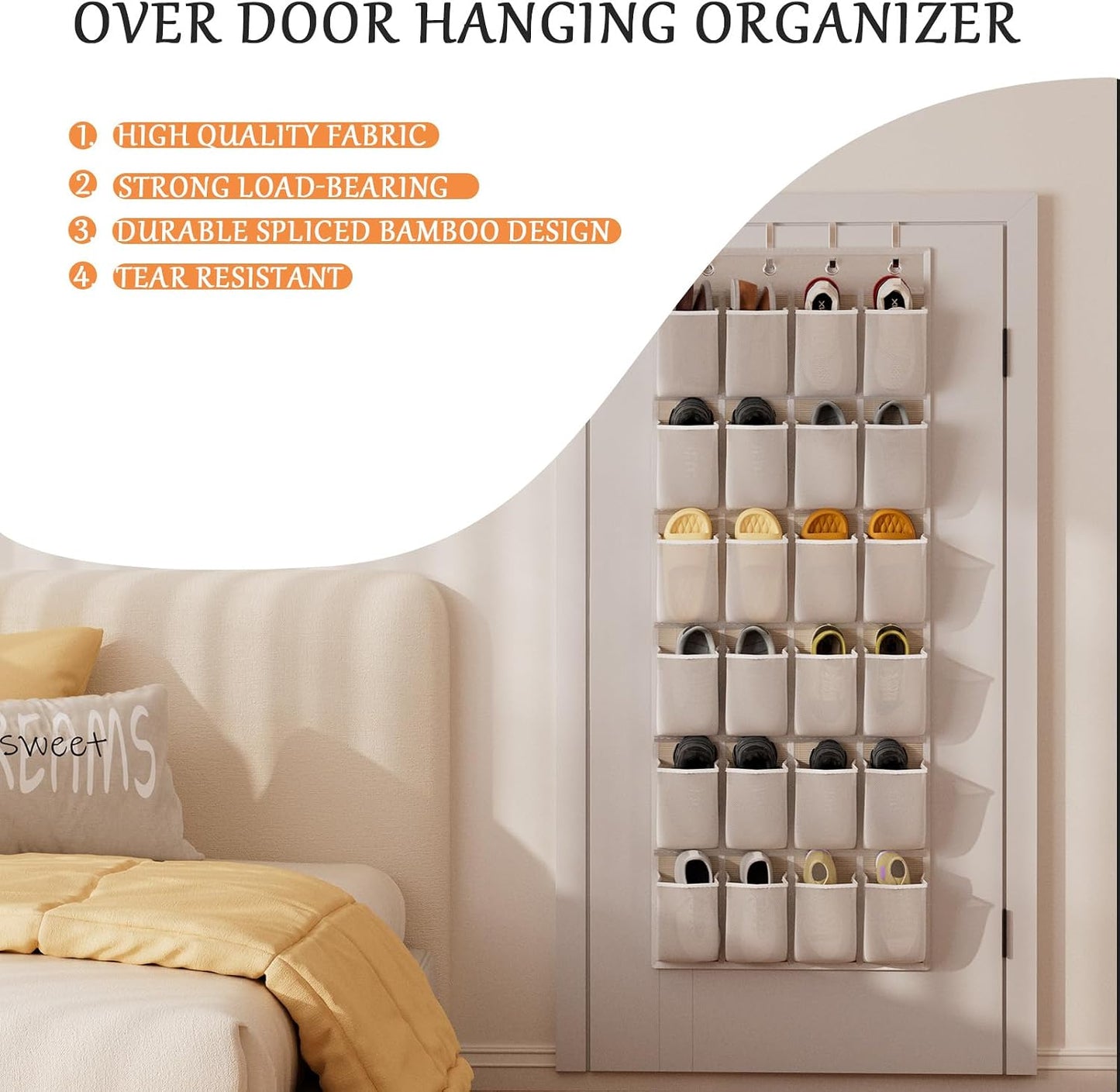 homyfort Over the Door Shoe Organizer, Hanging Shoe Rack Storage Holder with 24 Large Pockets for Closet Door, Men Women Kids Shoes, Cruise (Black)