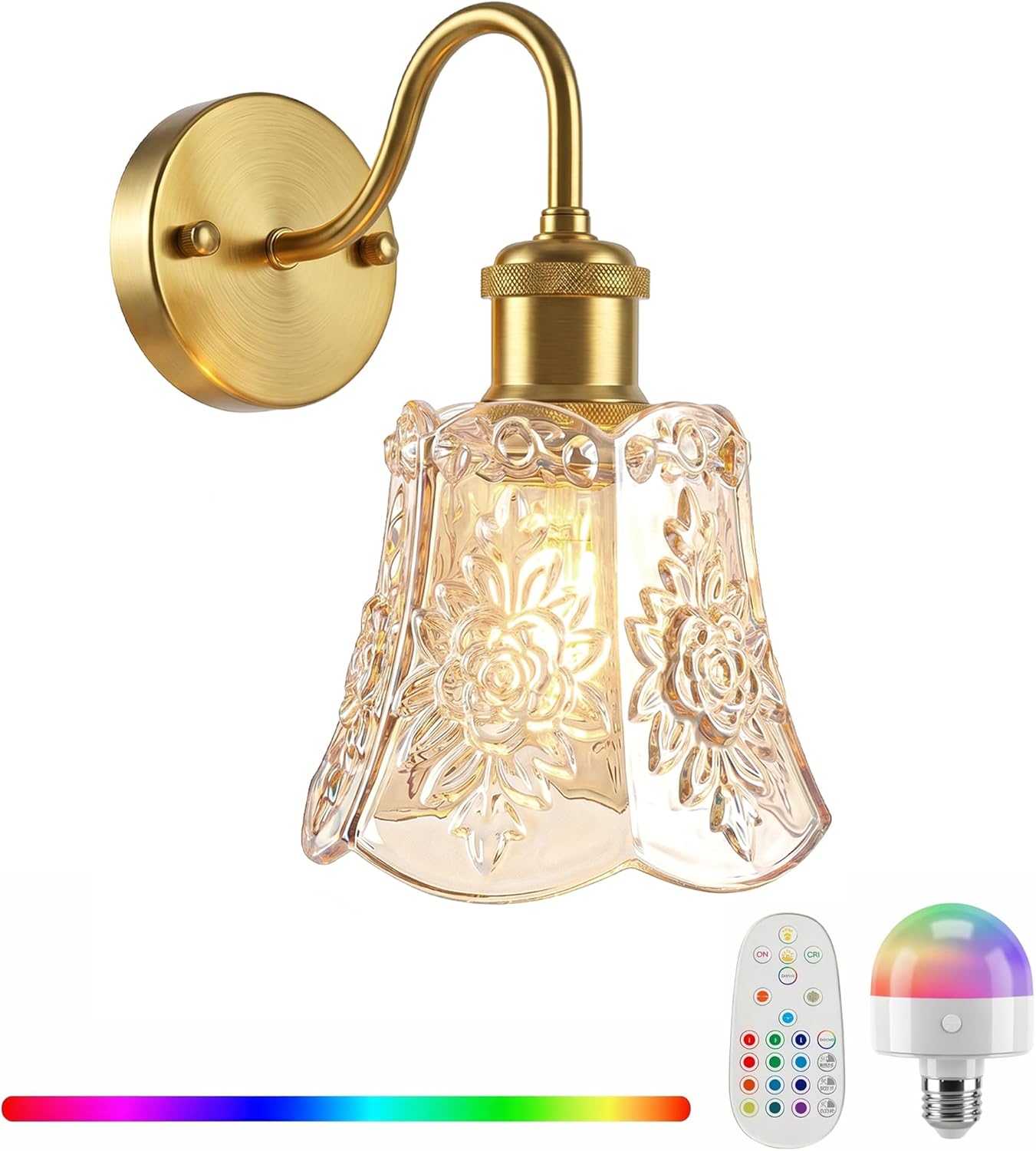 YUNICE Rechargeable Wall Sconces Set of 2 Battery Operated Wall Sconce with Remote Control Dimmable Cordless Wall Lamp with Amber Glass Lampshade Antique Brass Wall Lights for Bedroom Living Room