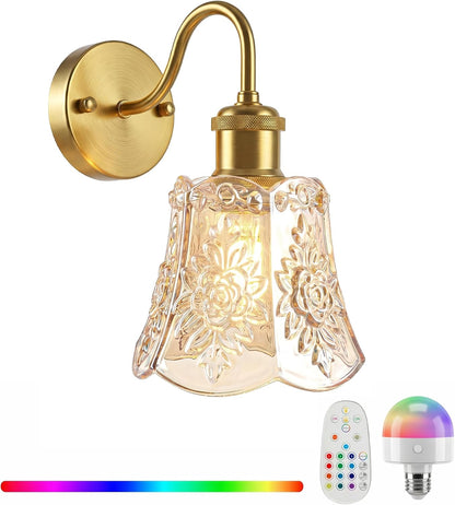 YUNICE Rechargeable Wall Sconces Set of 2 Battery Operated Wall Sconce with Remote Control Dimmable Cordless Wall Lamp with Amber Glass Lampshade Antique Brass Wall Lights for Bedroom Living Room