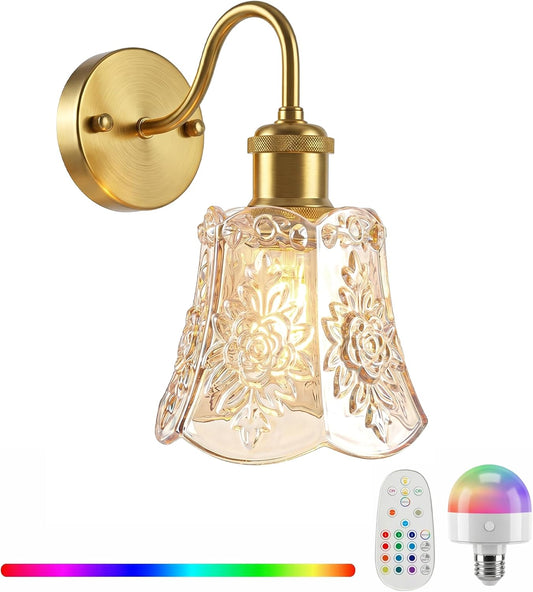 YUNICE Rechargeable Wall Sconces Set of 2 Battery Operated Wall Sconce with Remote Control Dimmable Cordless Wall Lamp with Amber Glass Lampshade Antique Brass Wall Lights for Bedroom Living Room